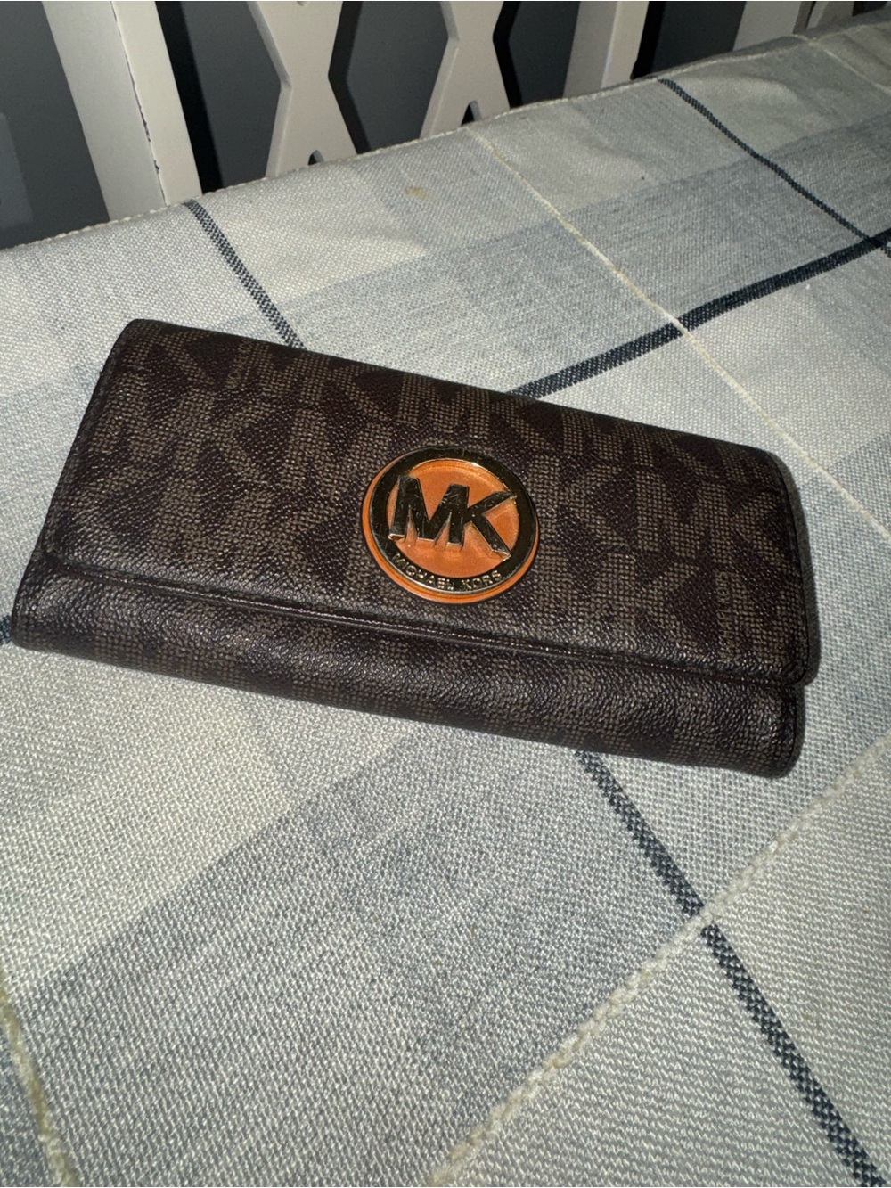 Michael Kors Dark Brown MK Logo Continental Wallet with Tan Logo Accent